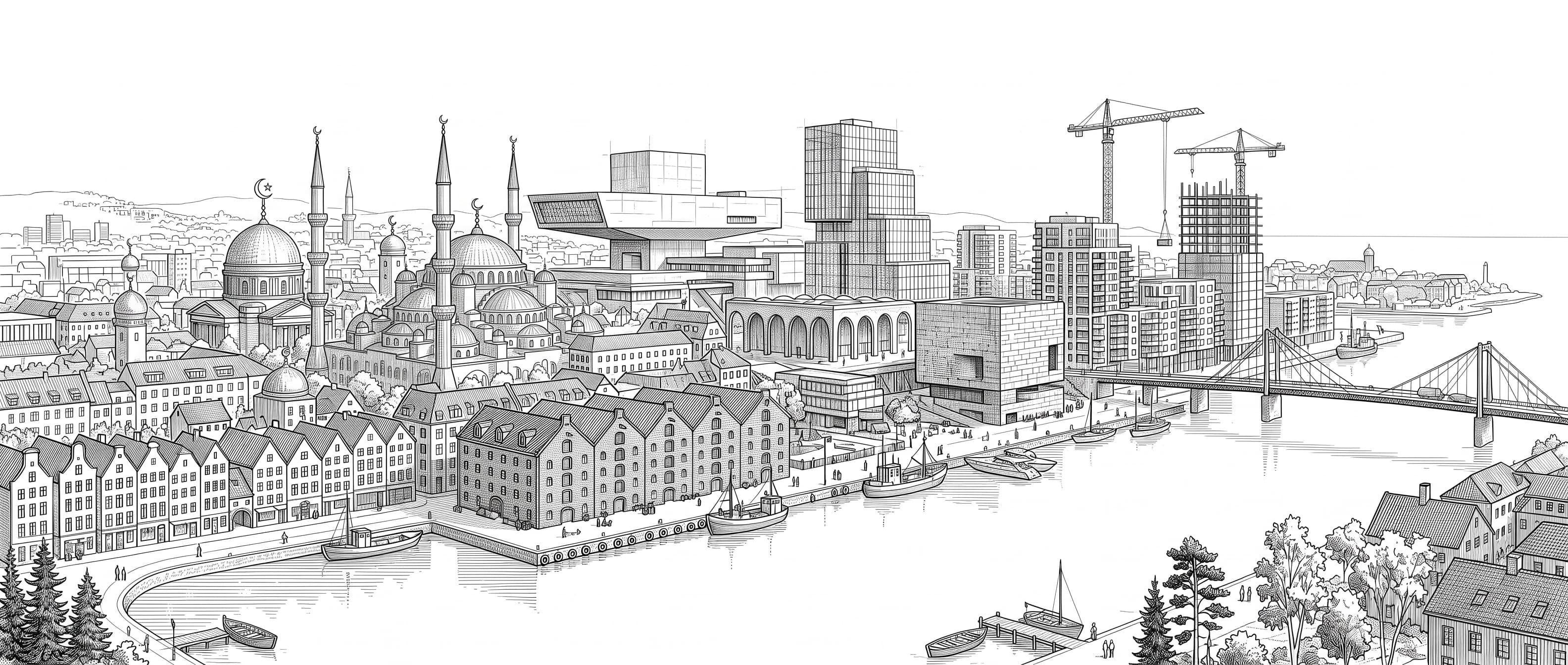 Ink drawing of a whole harbour city: gabled townhouses and brick warehouses on the quay, mosques with domes and minarets, a vaulted gallery, a stone library, new towers with two cranes at work, a bridge and boats on the water